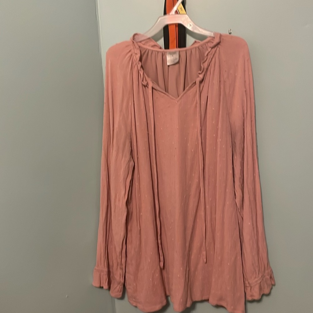 Pink top with strings and and sleeves ruffled at the bottom. Long sleeve
